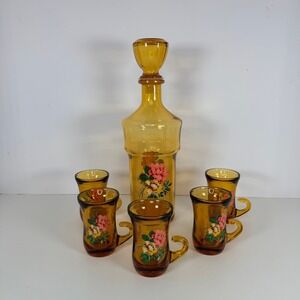 Amber Glass Decanter Carafe Set Floral Decorated 5 Cups Shot Glasses